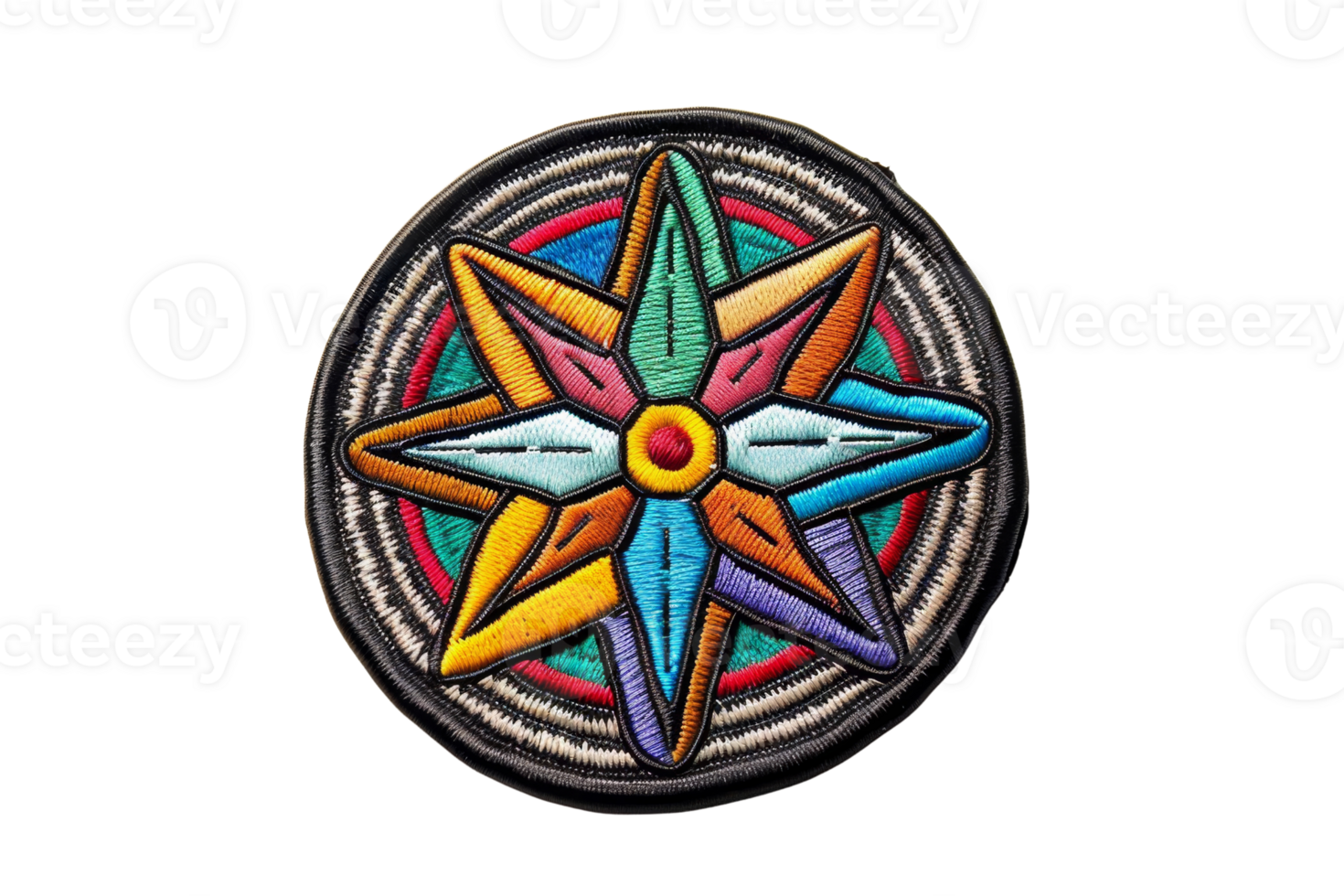Vibrant embroidered colorful star pattern with geometric design in circular form, perfect for textile and craft projects. png