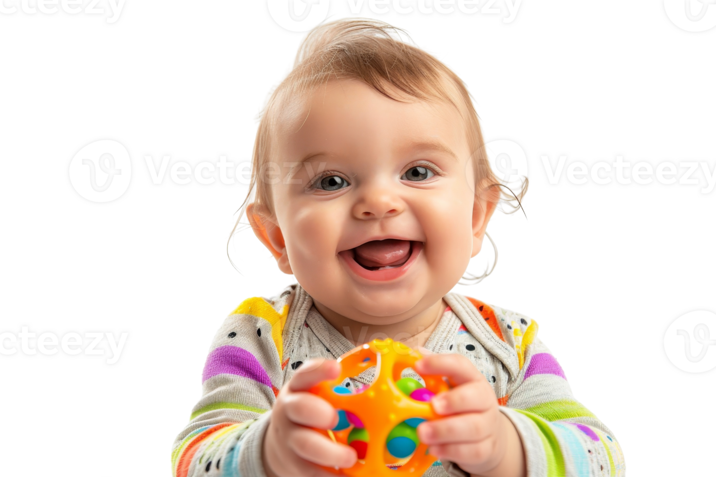 Smiling baby holding a colorful ball toy, dressed in a striped shirt with vibrant colors, expressing joy and happiness. png