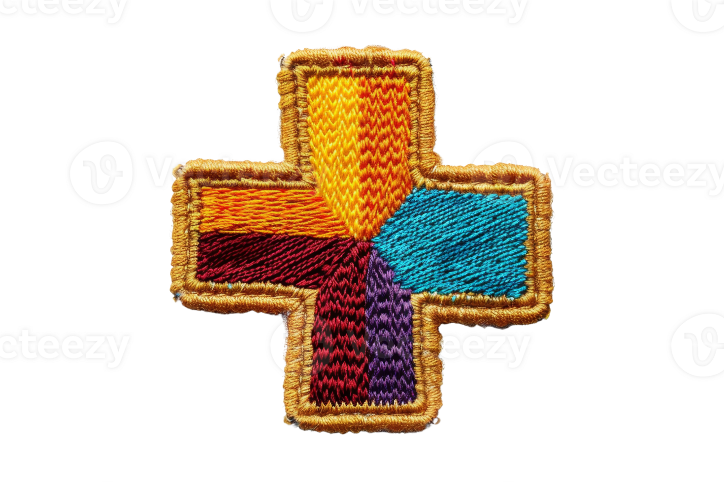 Colorful embroidered insignia in the shape of a plus sign, featuring vibrant segments in yellow, orange, blue, purple, and maroon colors. png