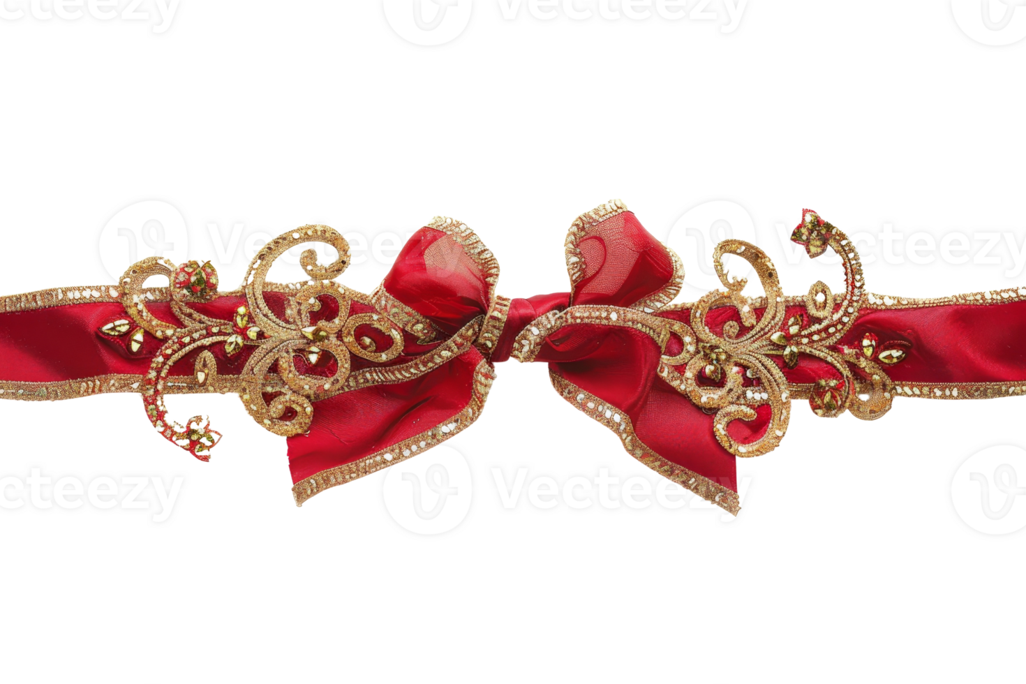 Elegant red ribbon with intricate golden designs, perfect for Christmas decorations, gift wrapping, and festive crafts. png