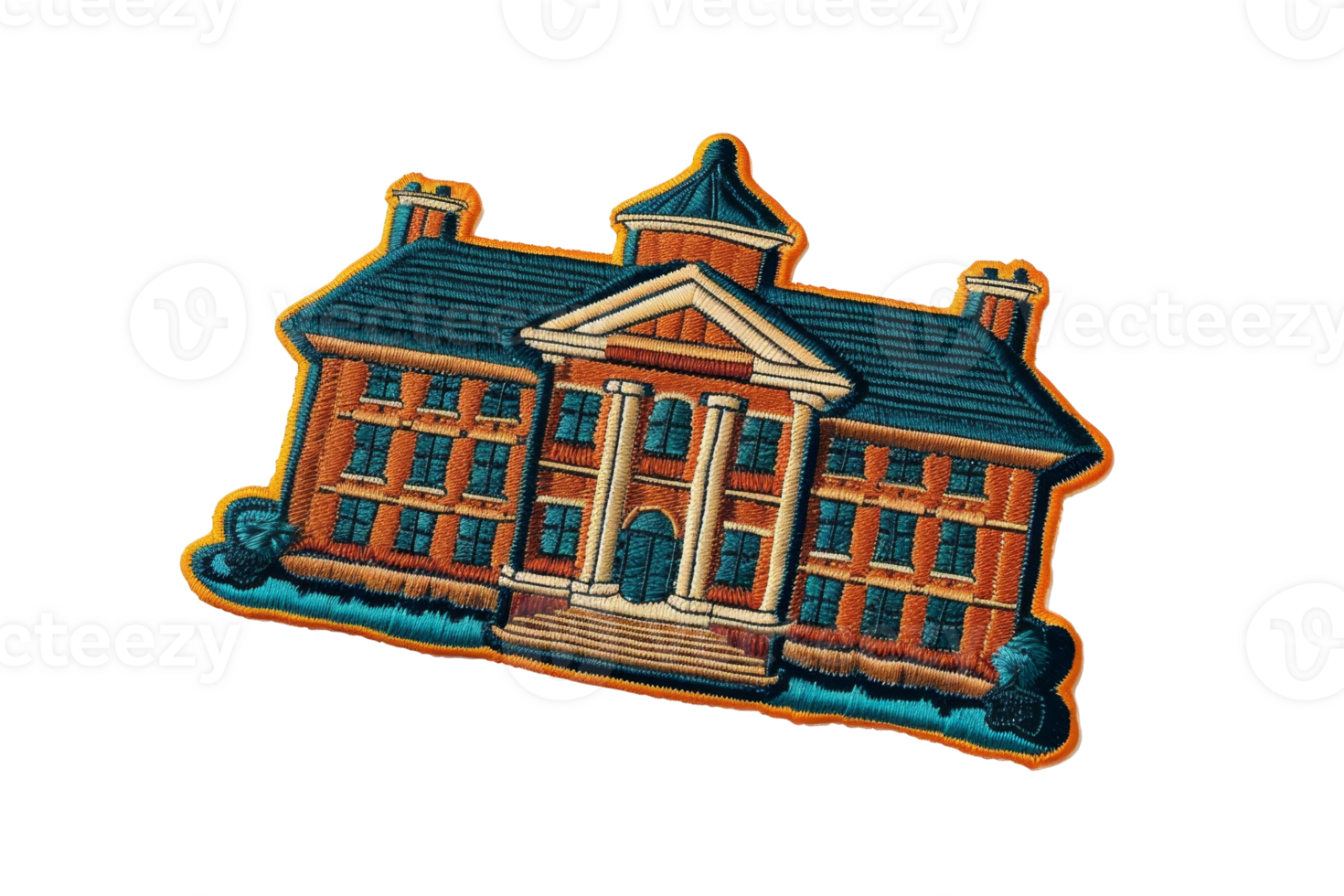 Illustration of a historic college building with classic architecture, featuring columns and a large entrance. Vibrant, ornate, and educational. png