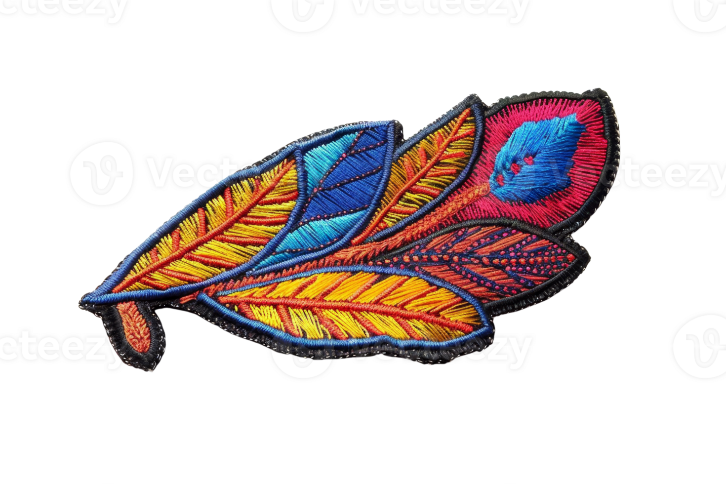 Vibrant, colorful embroidery patch featuring an intricately designed feather on a transparent background. Perfect for crafts and decoration. png