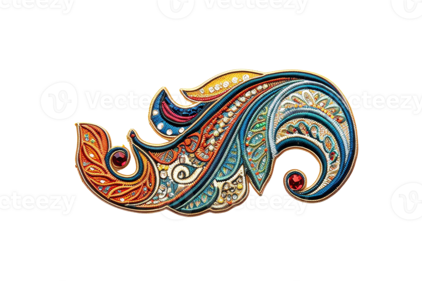 Intricate multicolored paisley design with intricate patterns and vibrant colors on a transparent background, ideal for decorative use. png