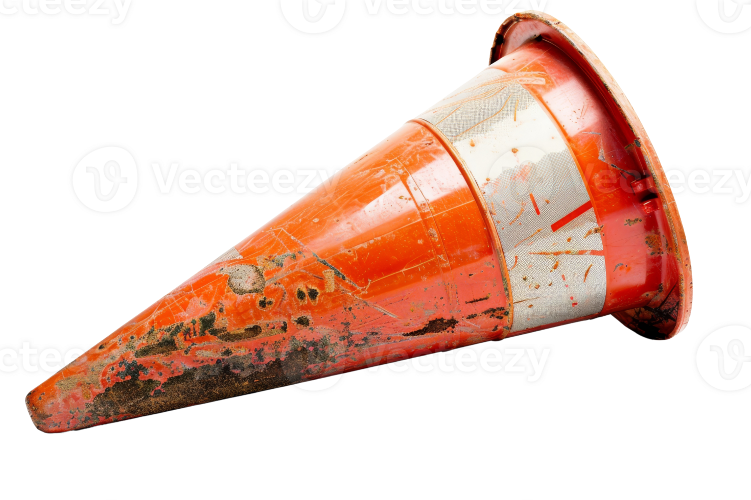 A close-up image of a worn and weathered orange traffic cone lying on its side, showing signs of use and dirt. png