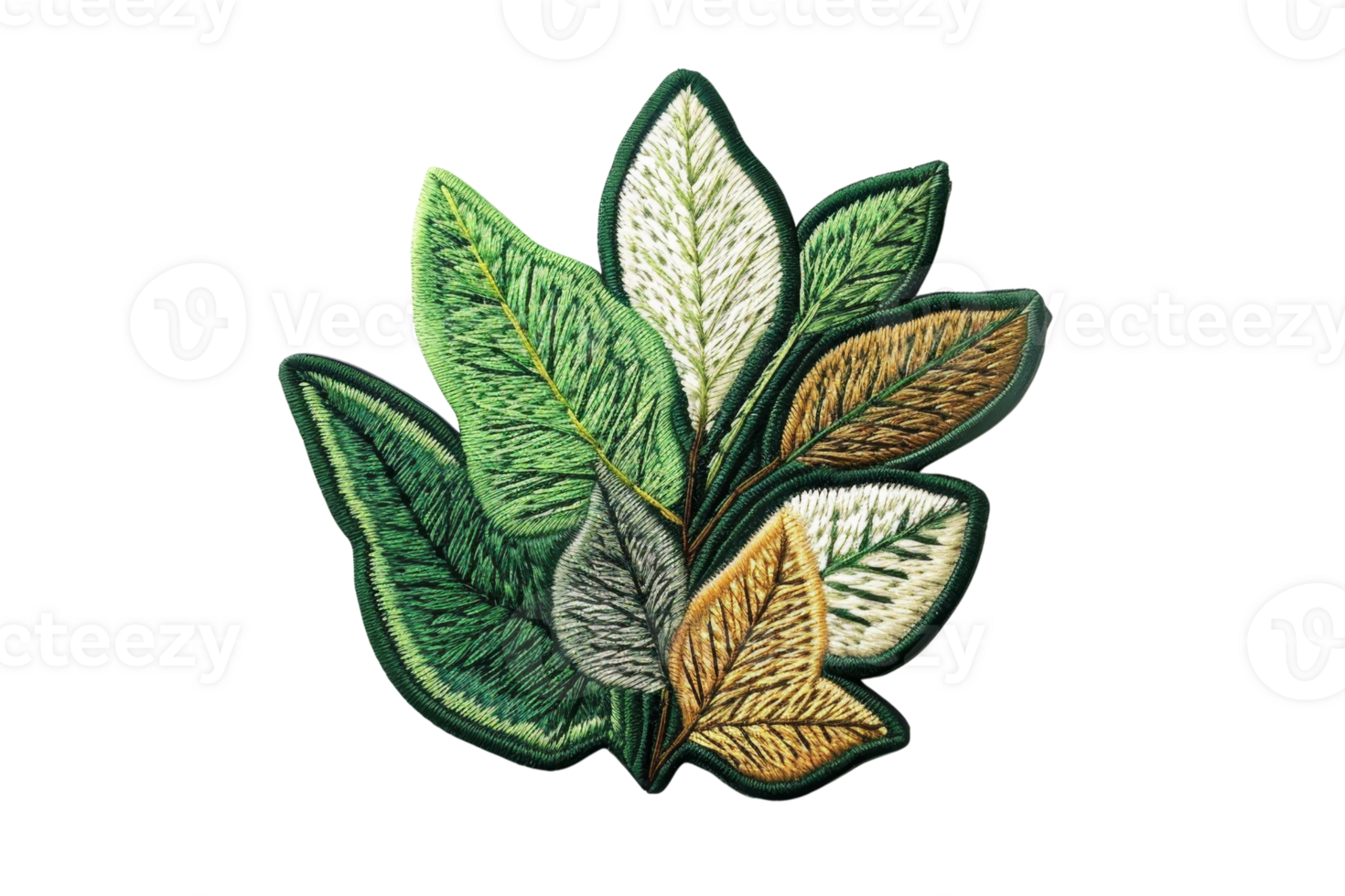 Colorful embroidered plant leaves patch set with green, white, and yellow hues, perfect for custom DIY fabric projects and clothing embellishments. png