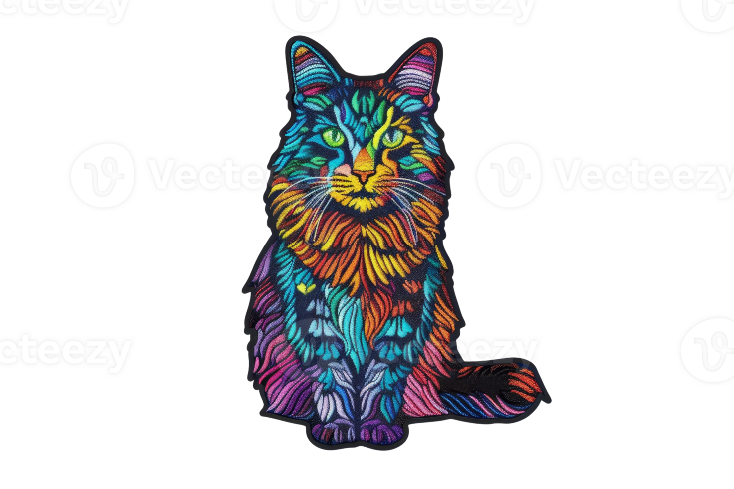 Vibrant psychedelic cat illustration with colorful, intricate patterns, ideal for creative and artistic design projects. png