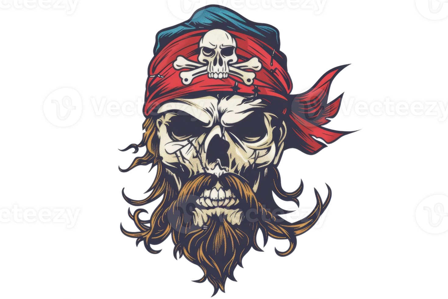 Illustrated pirate skull with a red bandana, skull emblem, and bushy beard, perfect for tattoo designs and pirate-themed graphics. png