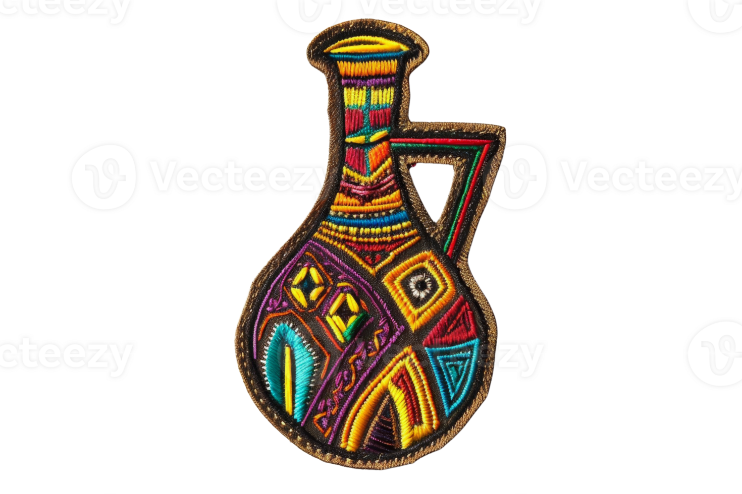 Colorful embroidered patch in the shape of a traditional jug with intricate tribal patterns, perfect for DIY crafts and clothing decoration. png