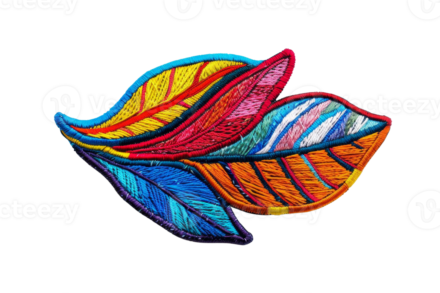 Vibrant embroidered feathers in a colorful design. Ideal for textiles, fashion, and decor themes. High-resolution image with intricate details. png