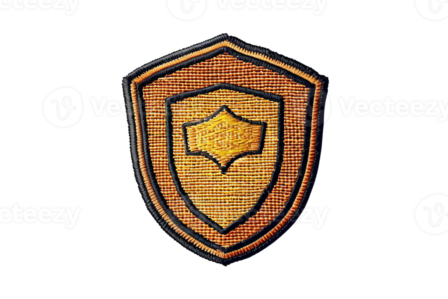 Golden embroidered shield patch design representing protection, security, and safety on a dark background. High-quality detailed image. png