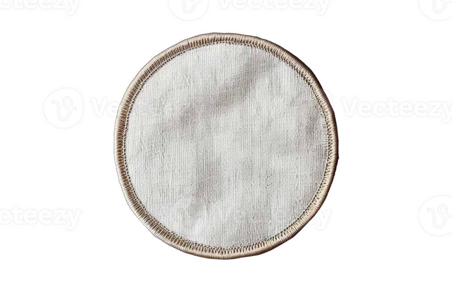 Close-up of a round white fabric coaster with a beige border, isolated on a transparent background. ideal for home decor and table settings. png