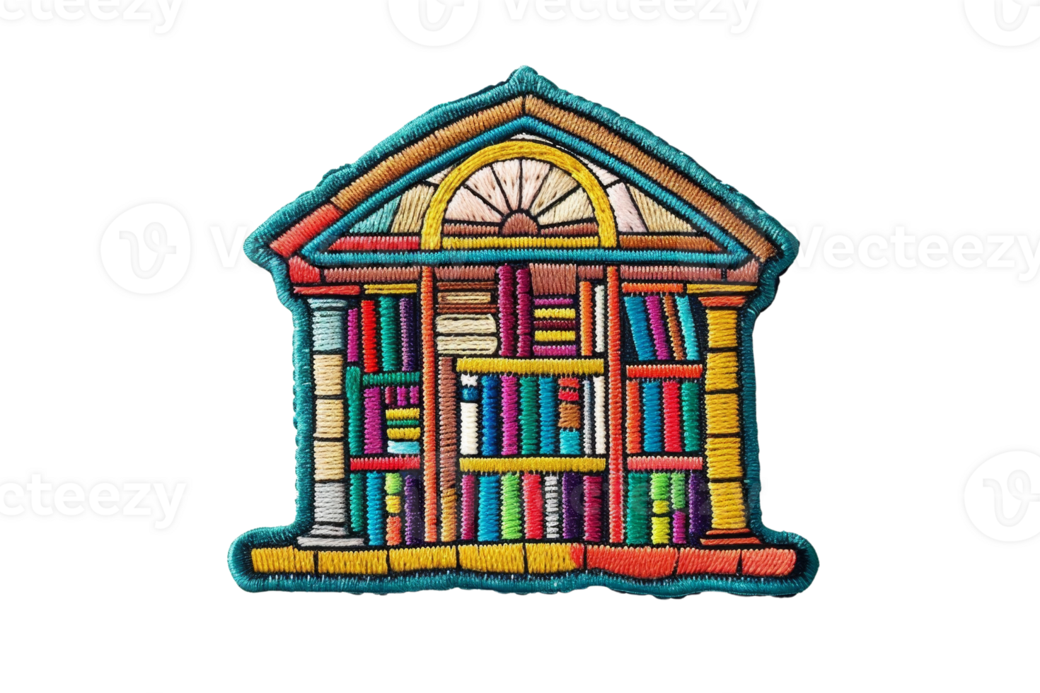 Colorful embroidered library patch depicting books on shelves inside a structure with columns and an arched window. png