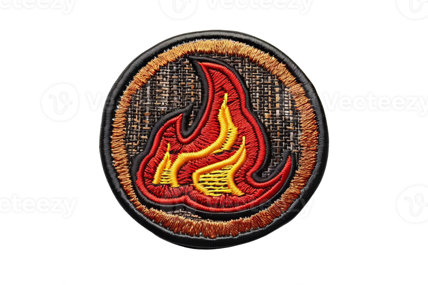Embroidered fire patch with vibrant red and yellow flame design on a round, rustic-themed background. Perfect for customizing clothing and accessories. png