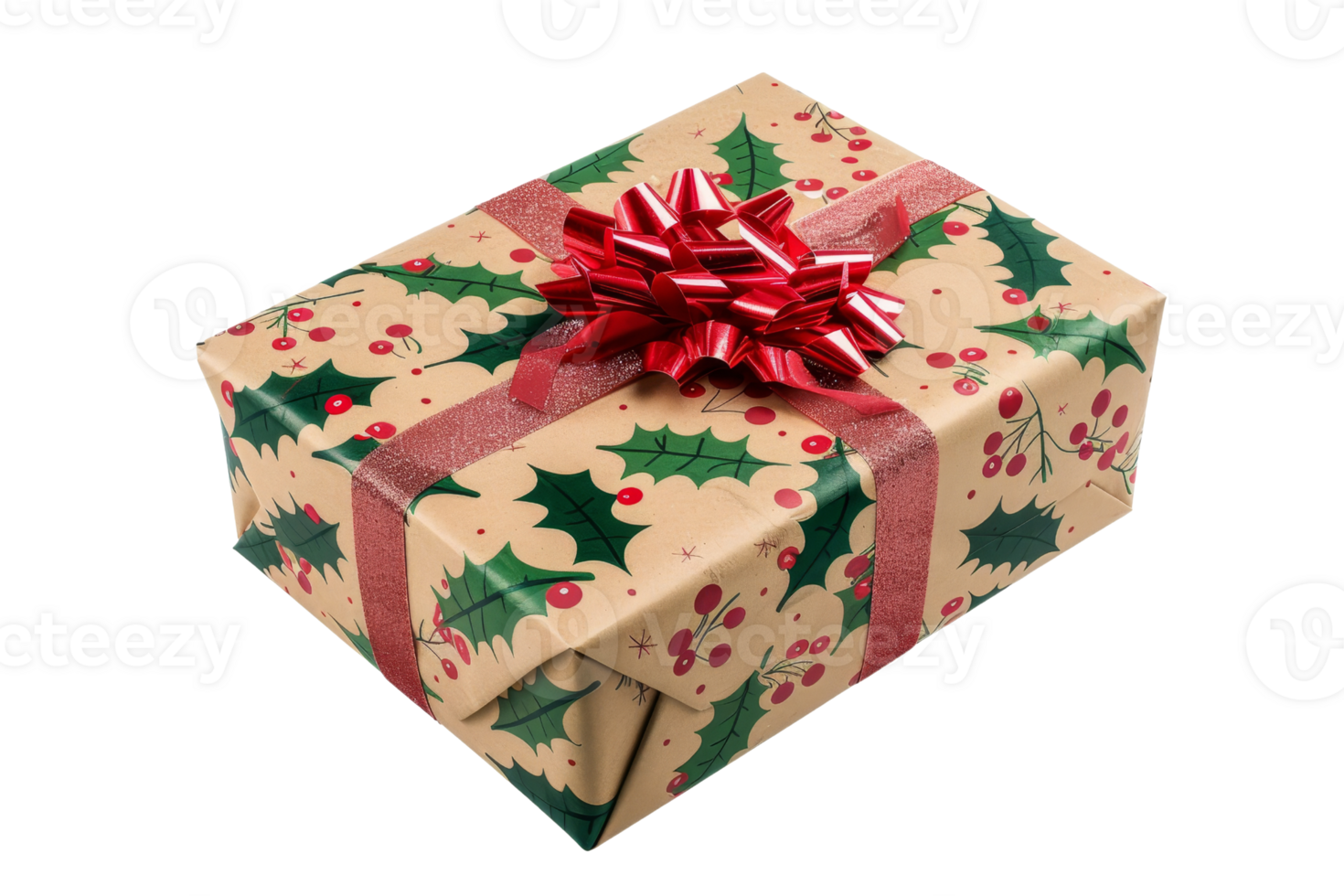 Beautifully wrapped gift box with festive holiday paper and a red bow, perfect for Christmas celebrations and special occasions. png