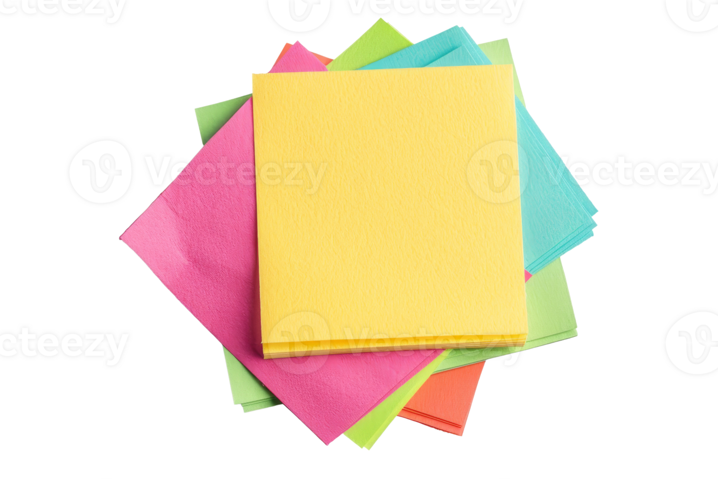 Colorful sticky notes in a stack, perfect for office and school use. Bright shades and square shape ideal for reminders and messages. png