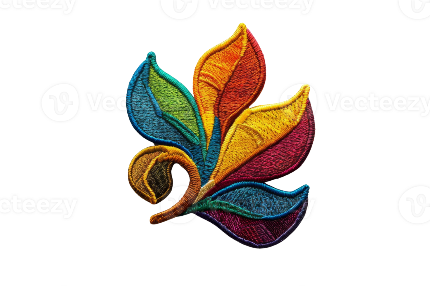 Colorful abstract feather design embroidery with vibrant hues and intricate patterns, perfect for artistic and textile projects. png