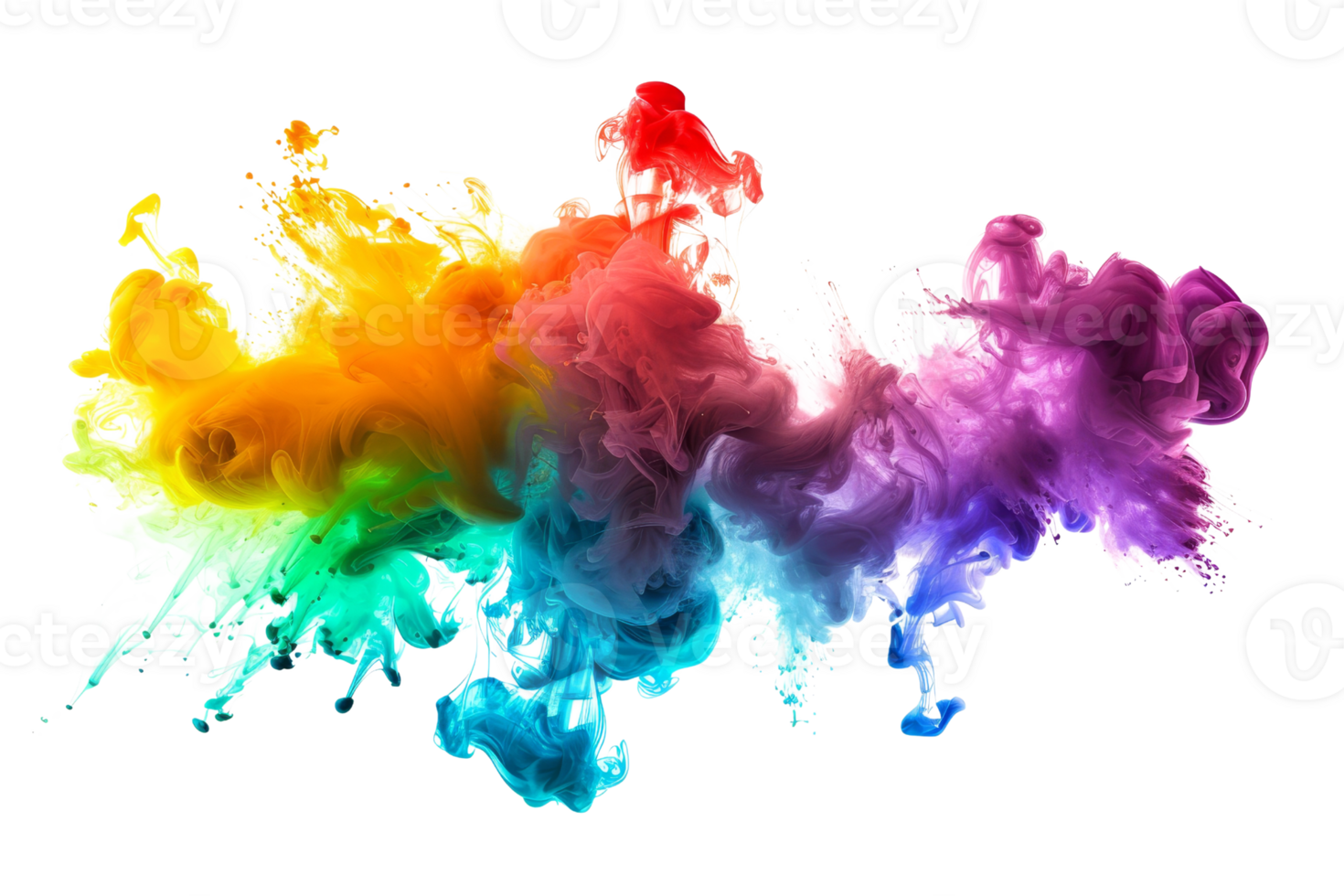 Vivid explosion of colorful smoke creating an abstract art, blending multiple bright shades in a dynamic, fluid motion against a black background. png