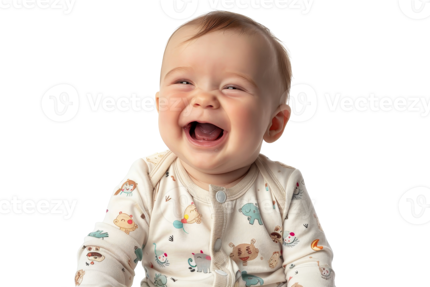 Laughing baby in animal print onesie, isolated on transparent background. showcasing joy and happiness. Bright and cheerful expression. png