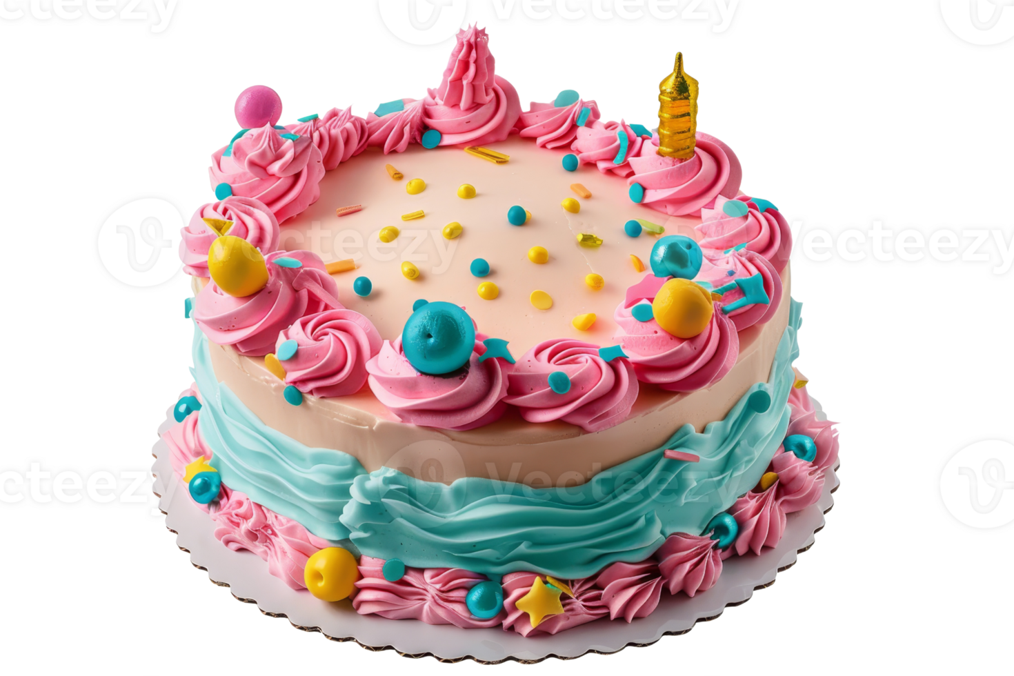 Colorful birthday cake with pink and blue frosting, decorated with fun sprinkles and candles, perfect for celebrations and parties. png