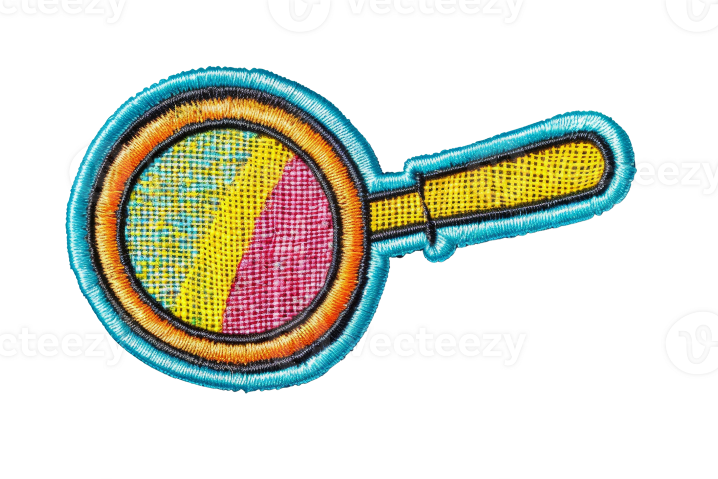 Colorful embroidered magnifying glass patch with vibrant blue, yellow, and red threads on a transparent background. png