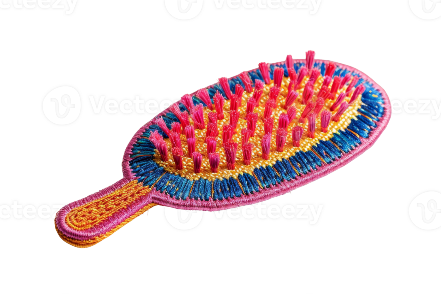 Colorful plastic brush with pink, yellow, and blue bristles on transparent background. Ideal for beauty and grooming stock photos. png