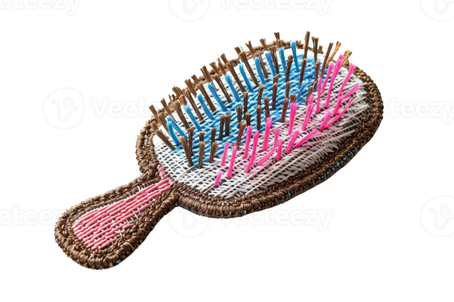 Handmade fabric hairbrush with colorful bristles, displayed against a transparent background. Ideal for DIY, handicraft, and creative concepts. png