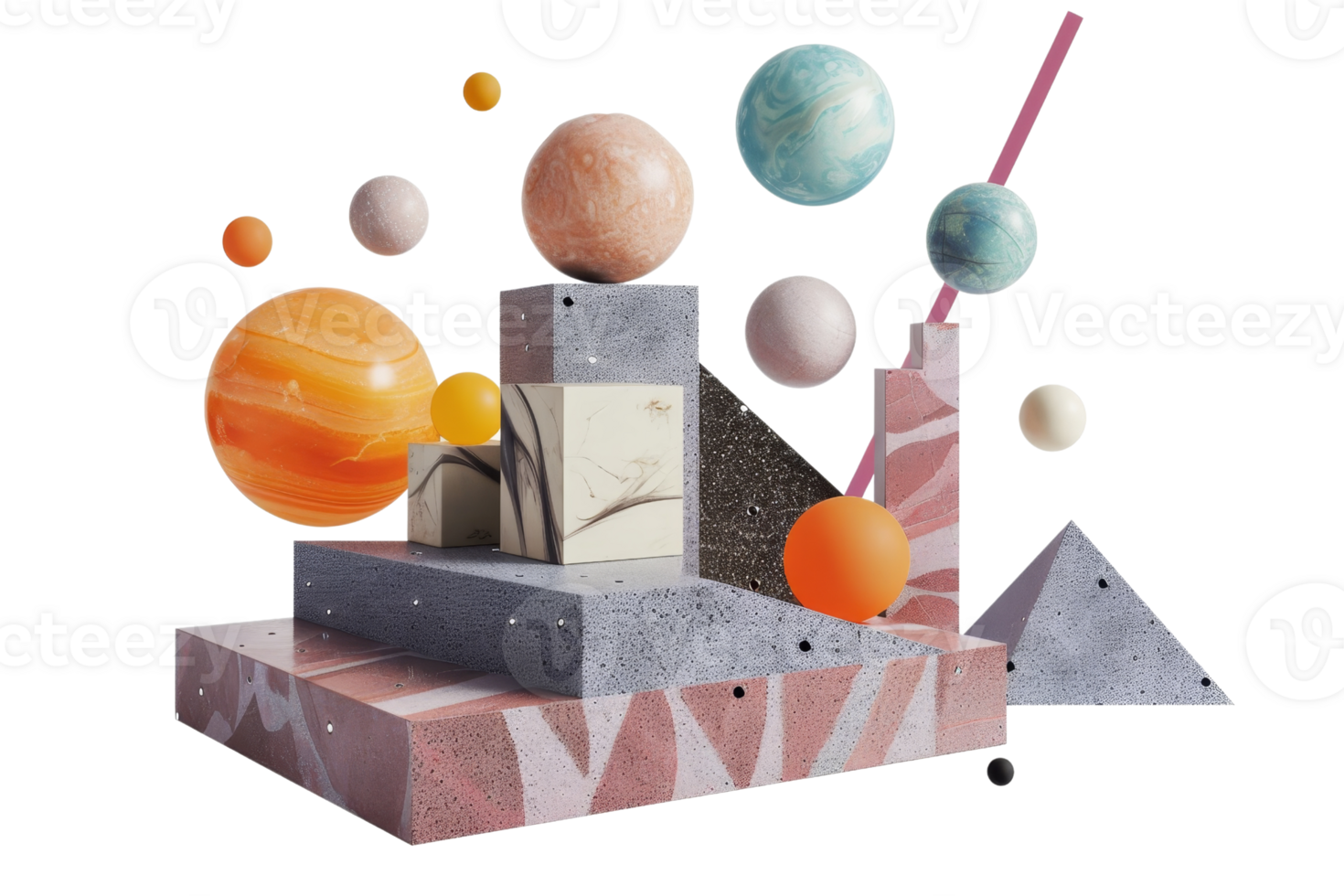 Abstract geometric shapes and planets floating against a transparent background. creating a surreal cosmic art concept for creative designs. png
