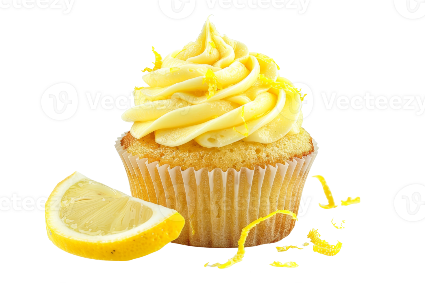 Delicious lemon cupcake with creamy frosting and lemon garnish isolated on transparent background. perfect for bakeries and dessert websites. png