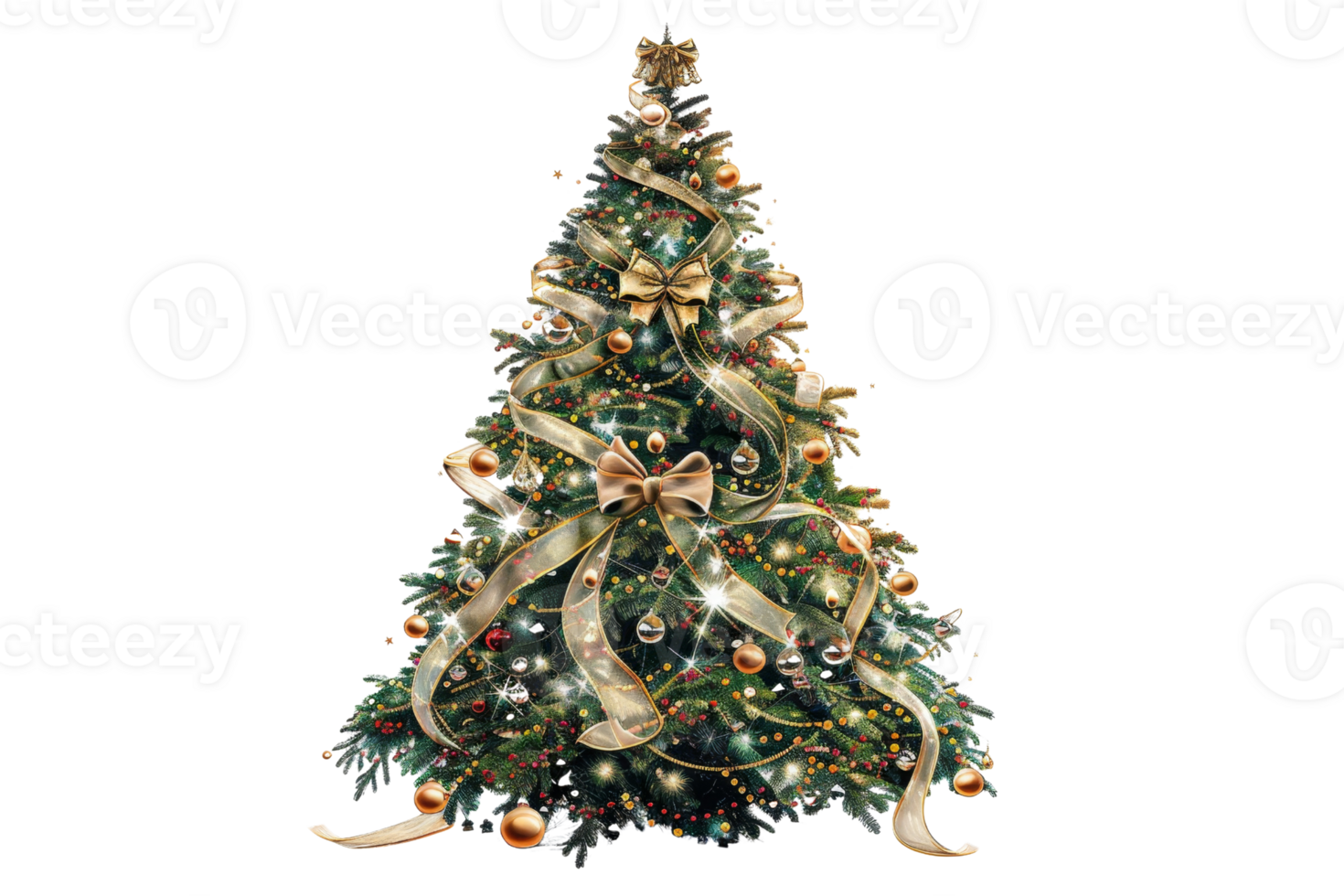 Beautifully decorated Christmas tree with lights, ornaments, and ribbons, perfect for holiday celebrations and festive decor ideas. png