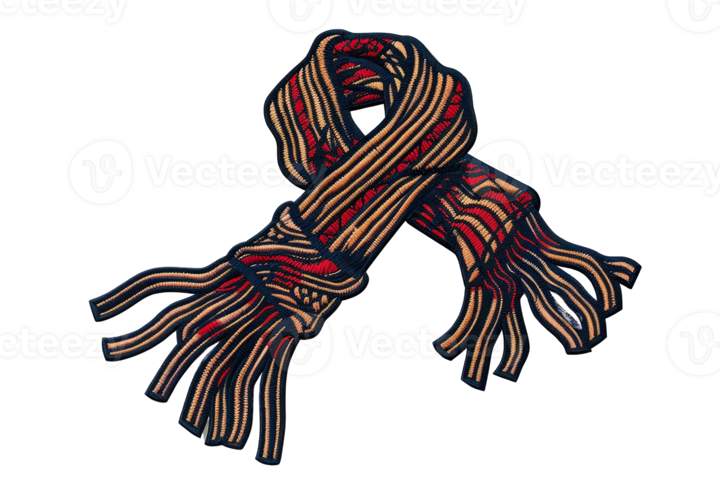 Cozy and colorful knitted scarf with intricate patterns. Perfect for keeping warm in winter. Striped design adds a touch of style. png
