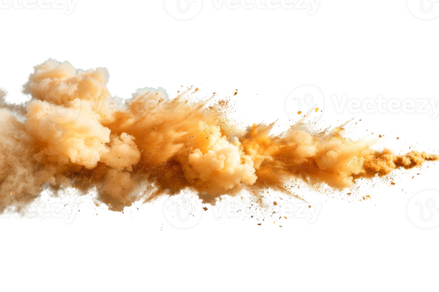 Dynamic cloud of orange dust spreading in the air, isolated on a transparent background. capturing motion and texture in a stunning visual effect. png