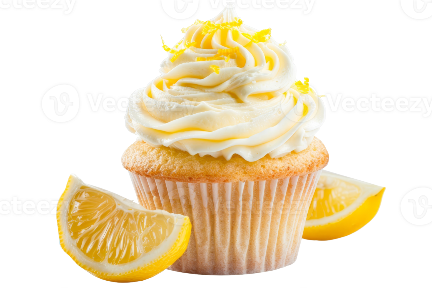 Delicious lemon cupcake with creamy frosting topped with lemon zest, surrounded by fresh lemon slices, isolated on transparent background. png