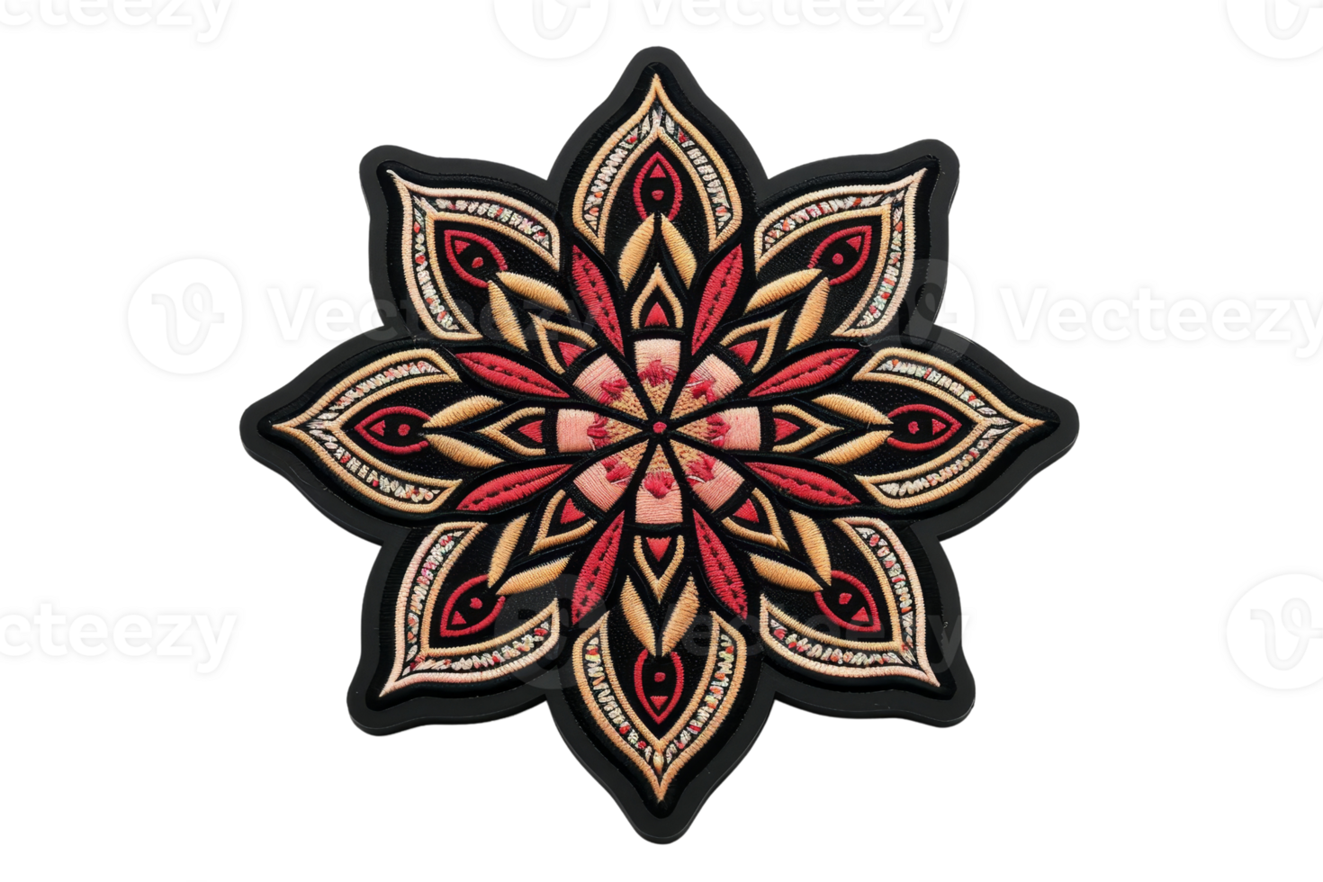 Intricate mandala design with a blend of red and gold colors on a black background, perfect for art and meditation themes. png