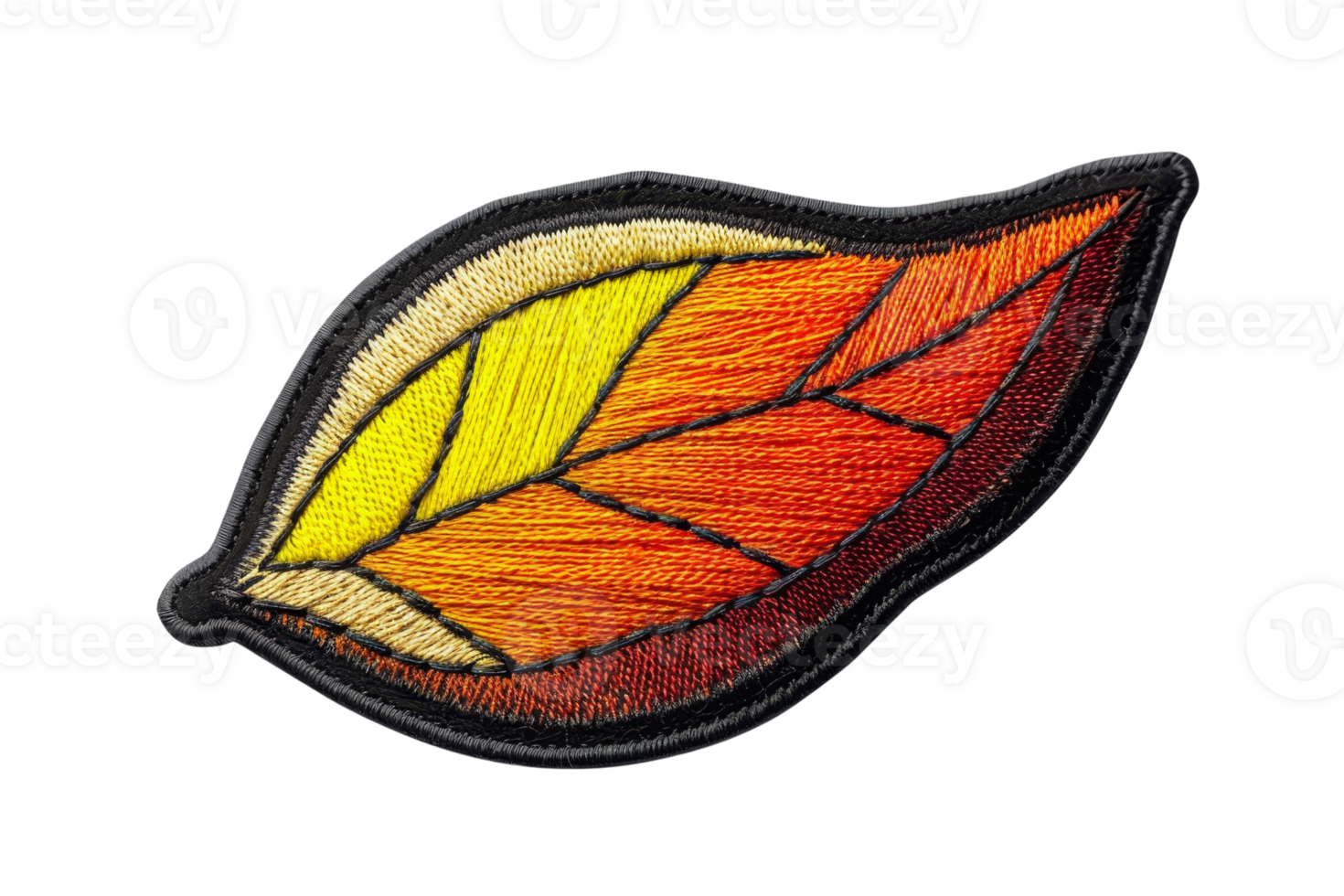 Colorful embroidered fall leaf patch with vibrant autumn tones, ideal for clothing or accessories decoration. png