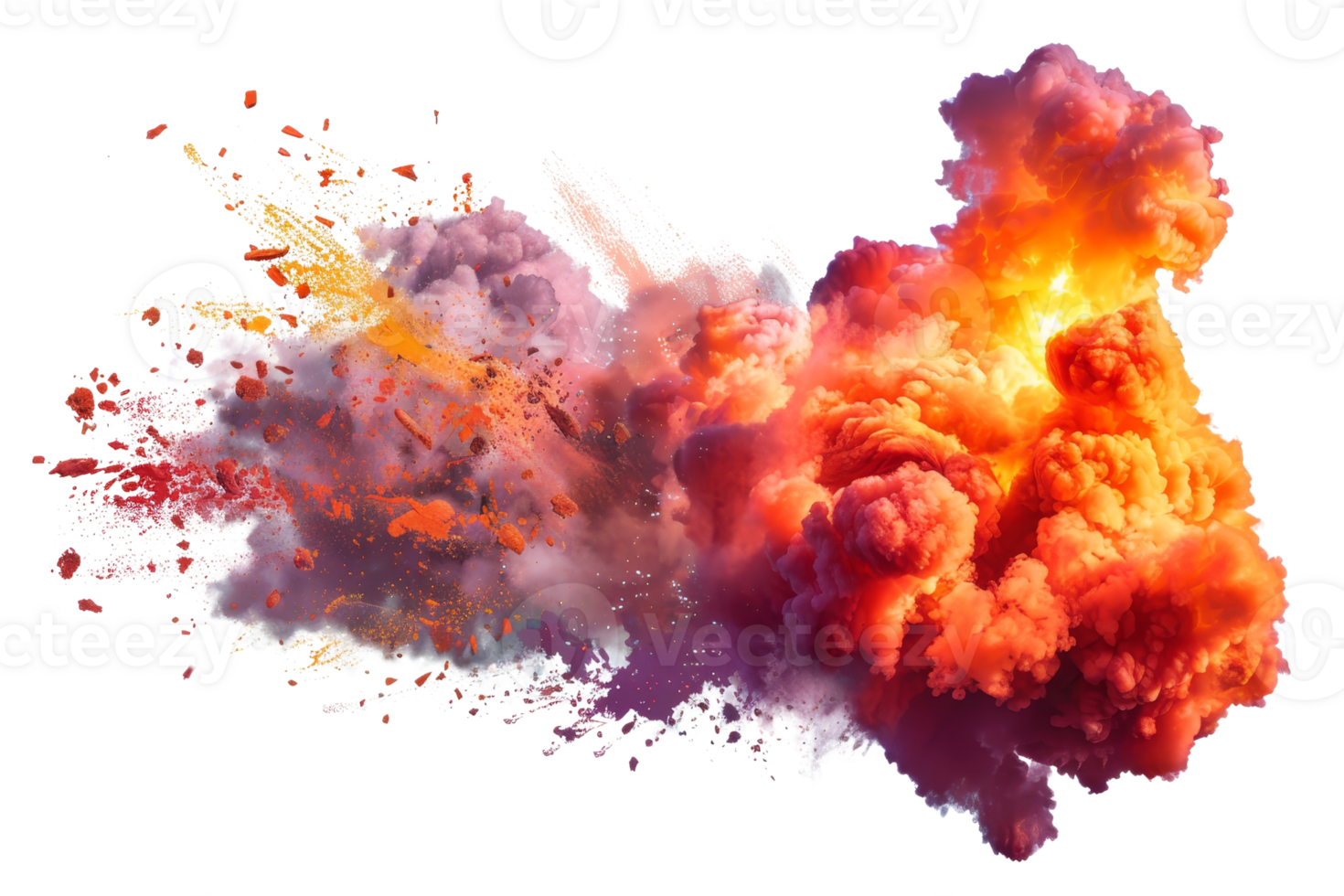 Vibrant explosion with colorful smoke clouds. Dynamic abstract visual ideal for creative projects, digital art, and background designs. png