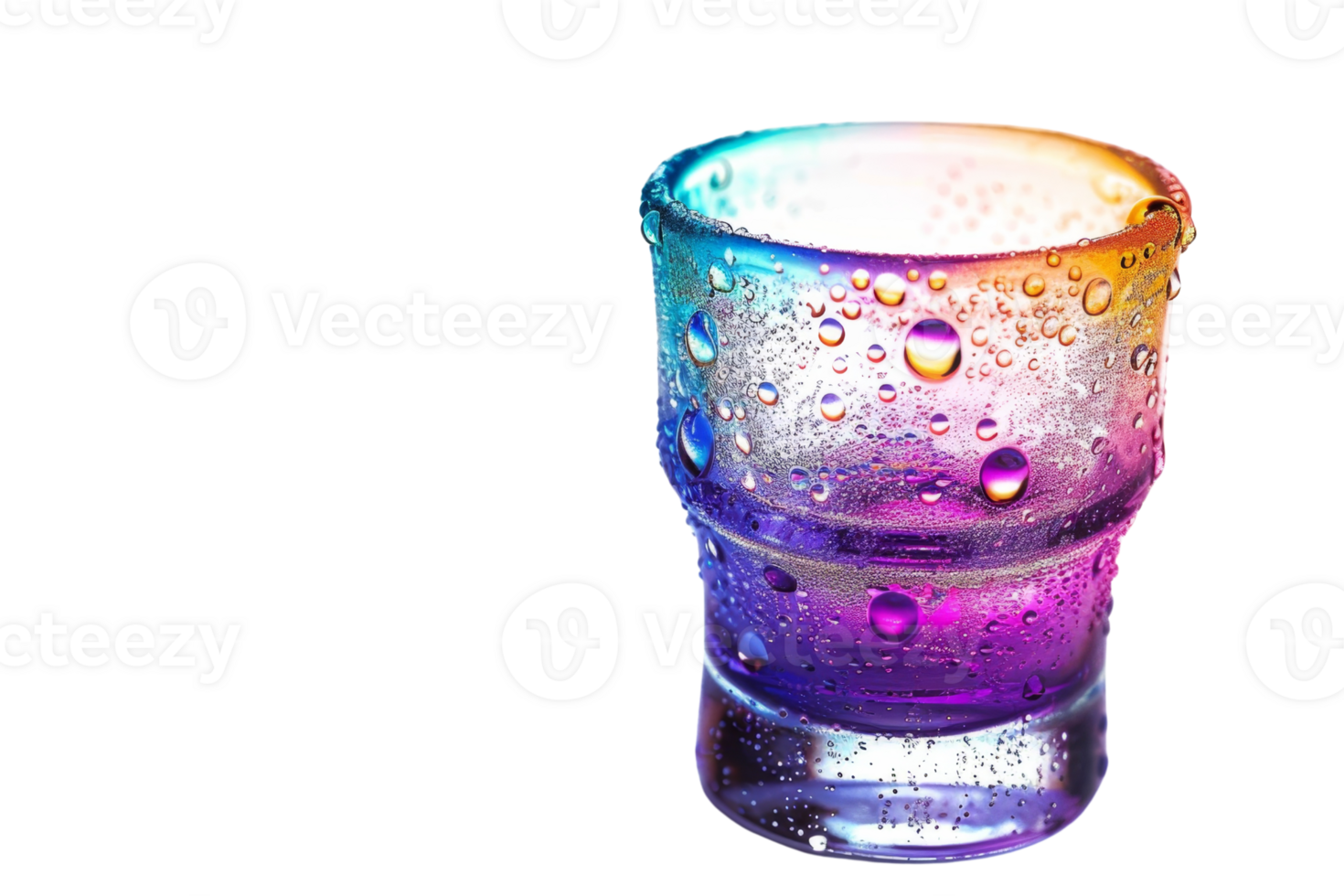 Vibrant and colorful shot glass with water droplets, isolated on transparent background. evoking a sense of freshness and celebration. png