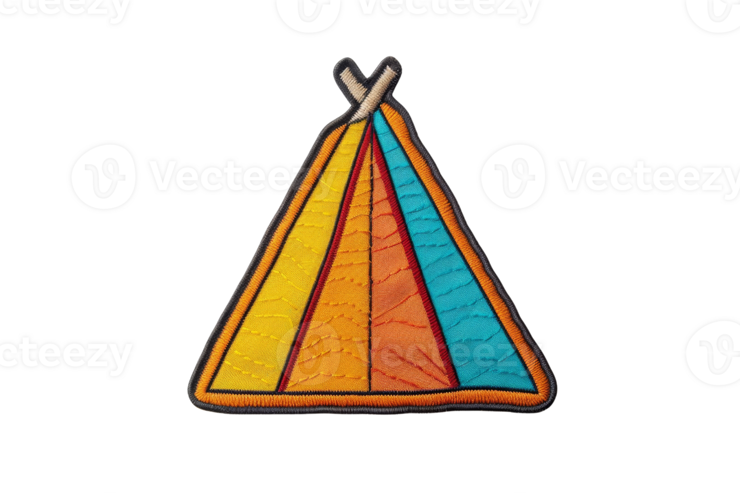 Colorful embroidered patch of a tent with vibrant yellow, orange, and blue panels, perfect for outdoor and camping themed designs. png