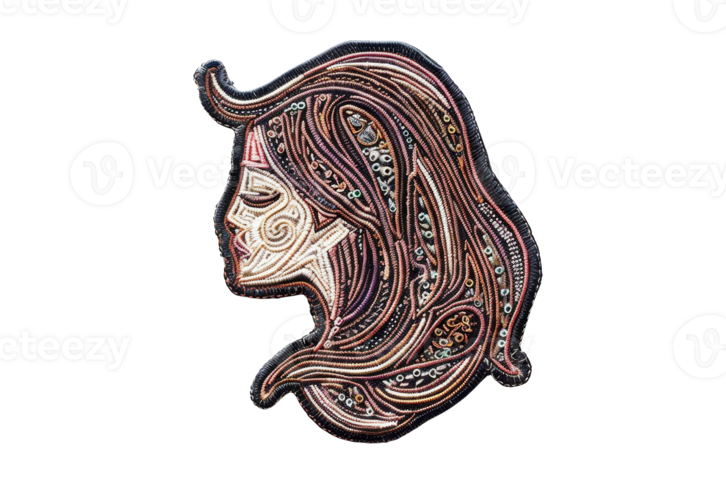 Intricate paper quilling art featuring a woman's profile with detailed patterns and elegant curves. png