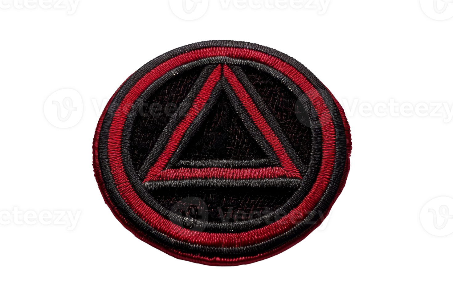 Red and black embroidered patch with geometric triangle design, ideal for DIY crafting, fashion accessories, and custom clothing. png
