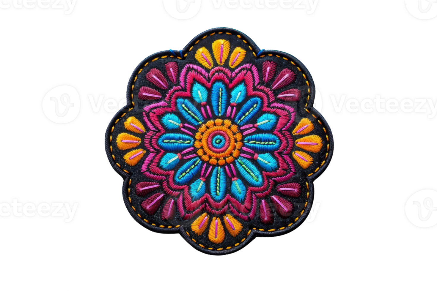 Mandala design with vibrant colors and intricate patterns on a black background, showcasing artistic and cultural elements. png