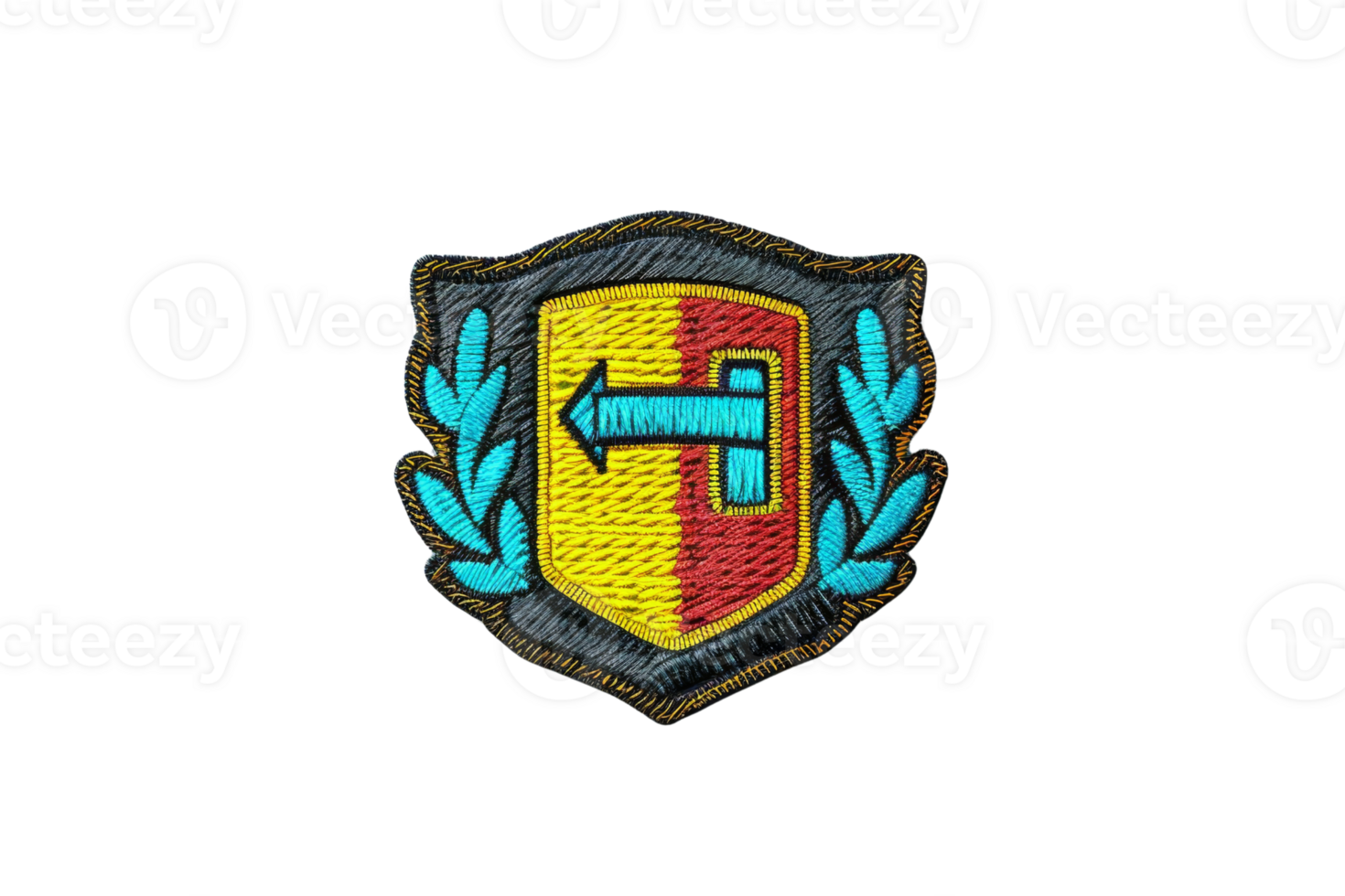Colorful embroidered fabric badge with shield design, featuring an airplane and laurel leaves, isolated on black background. png