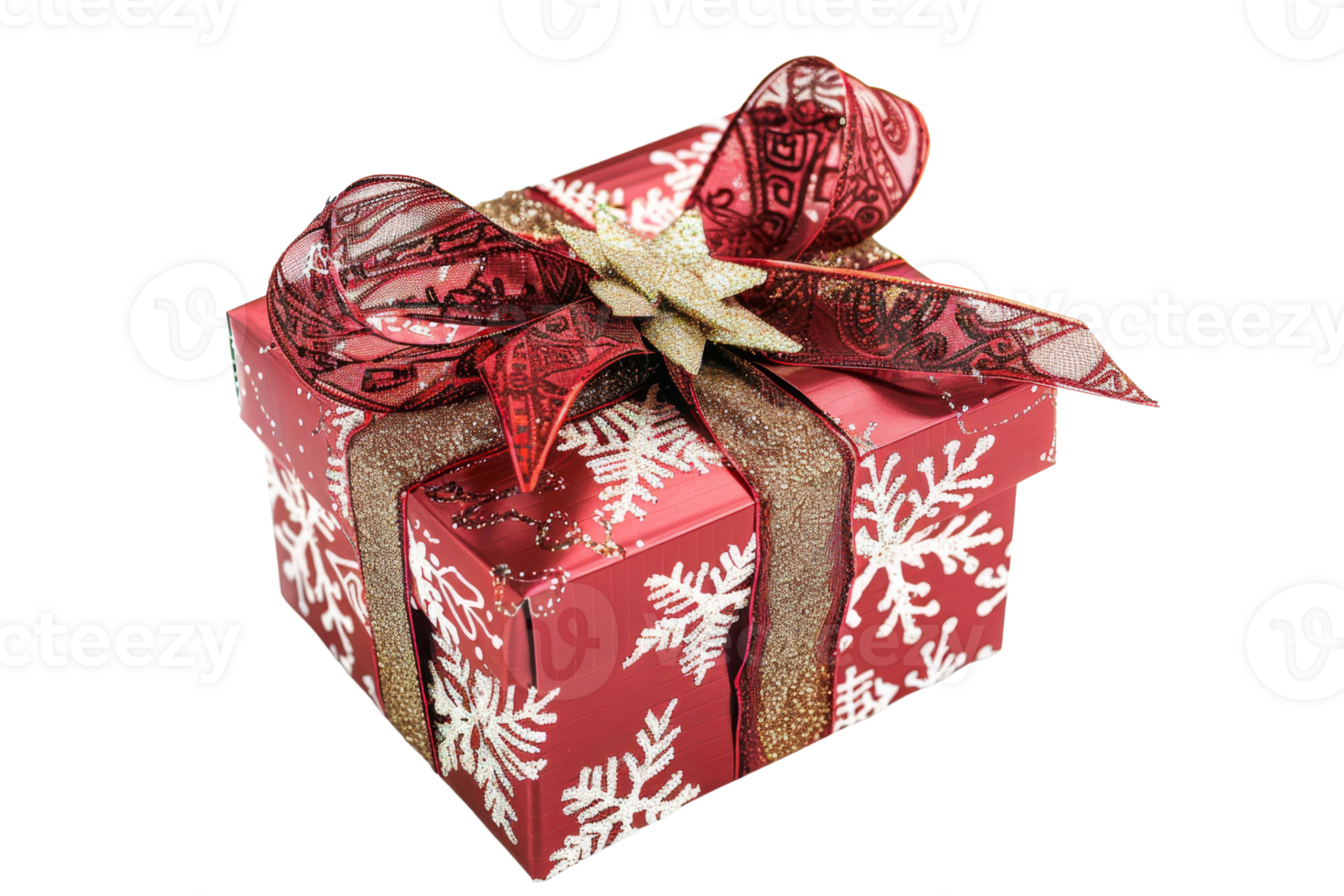 Beautifully wrapped Christmas gift with red ribbon and snowflake pattern. Perfect for holiday celebrations and festive decorations. png