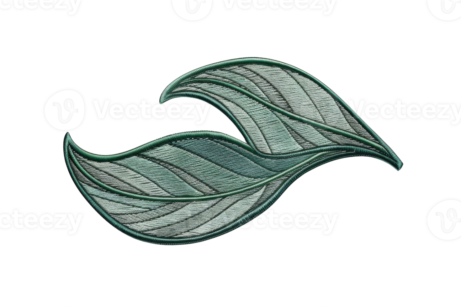 Intricate hand-drawn illustration of two overlapping green leaves, showcasing detailed veins and shading in a stylized artistic design. png