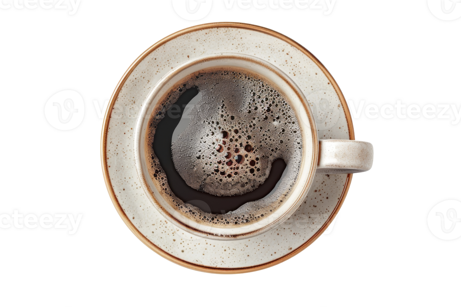 Top view of a hot coffee cup with foam, placed on a white saucer. Perfect for food and drink themed stock images. png
