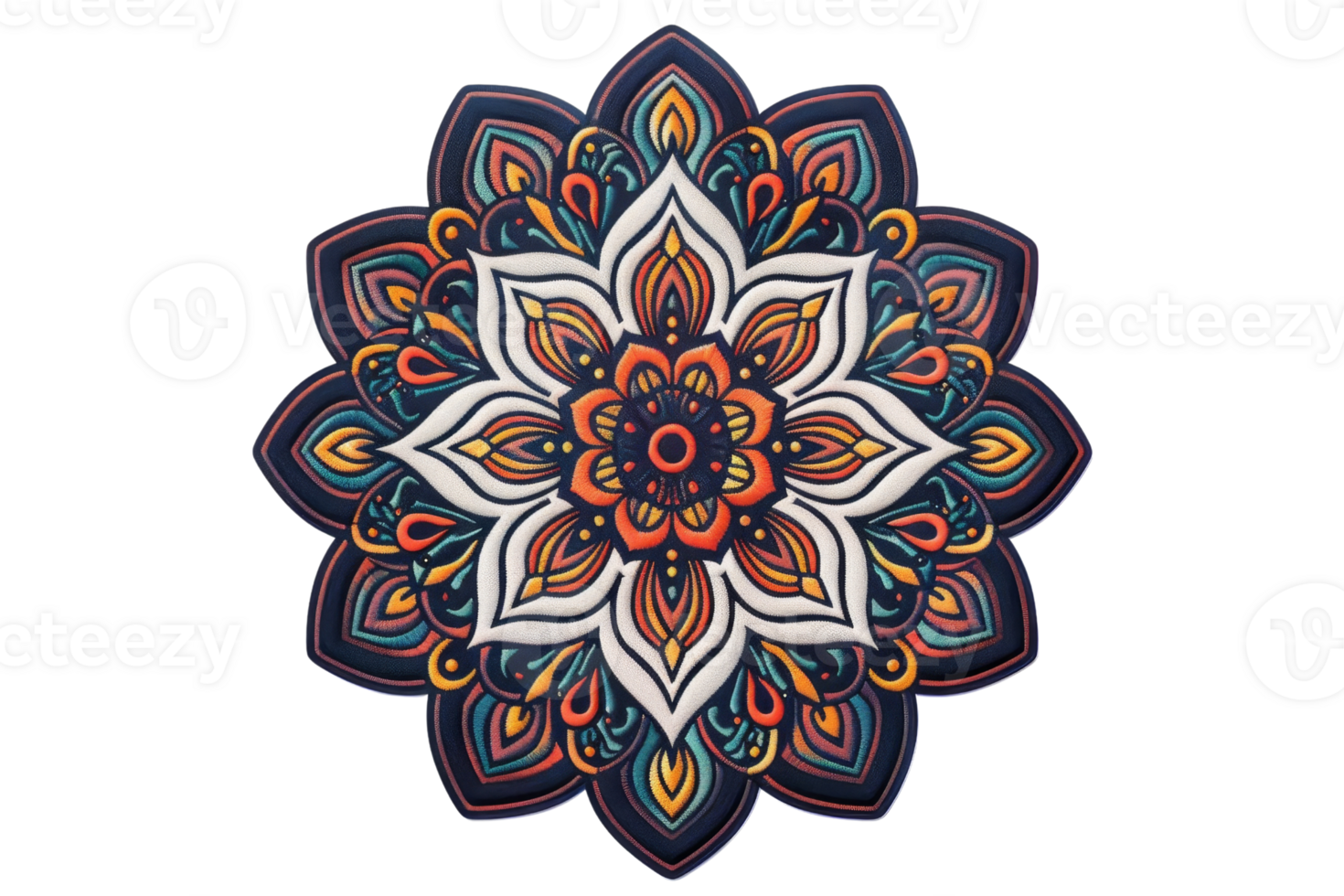 Intricate mandala art with vibrant colors and detailed patterns, perfect for use in designs, decorations, and mindfulness projects. png