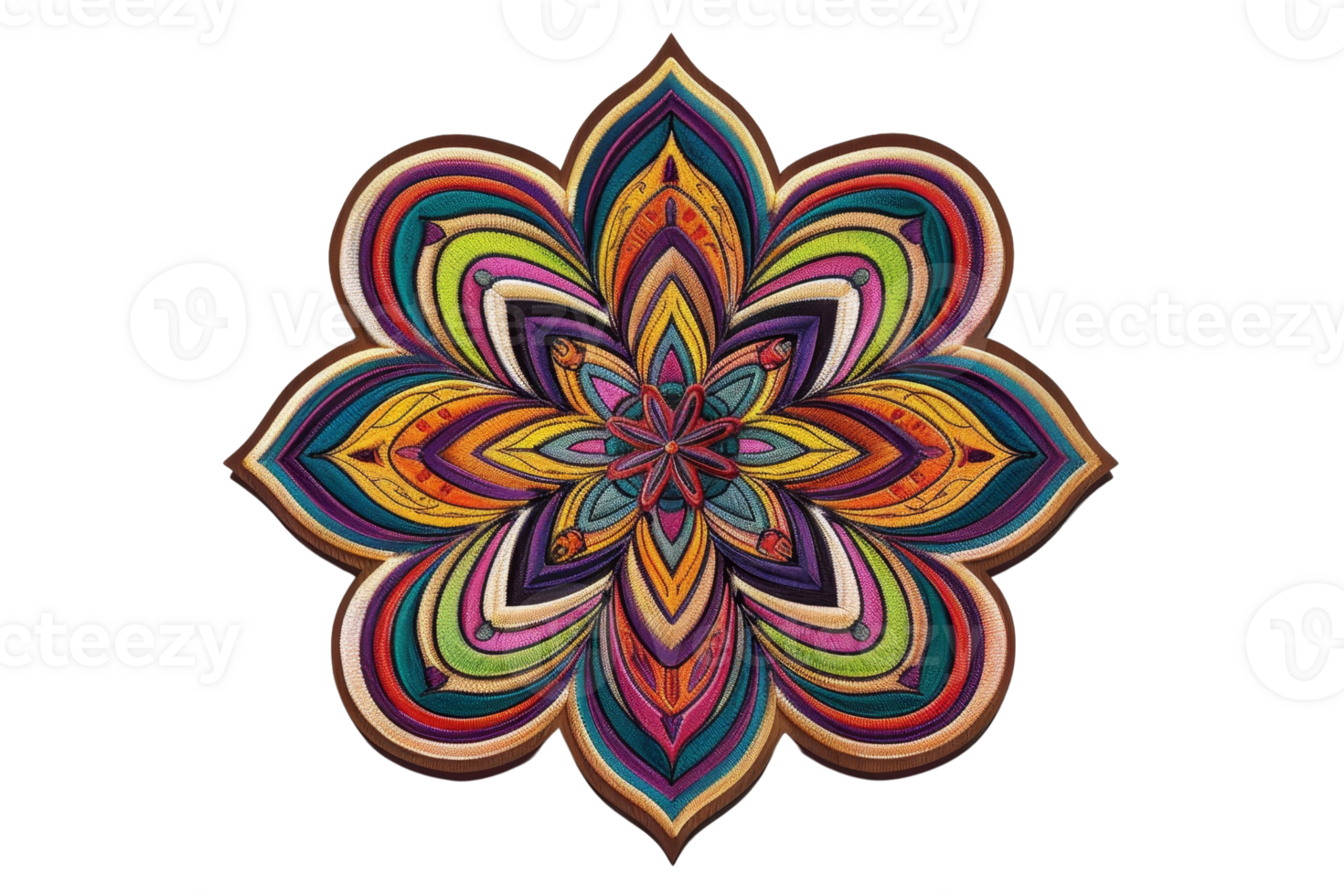 Intricate colorful mandala design featuring geometric patterns and vivid hues, a visually striking piece ideal for artistic and decorative use. png