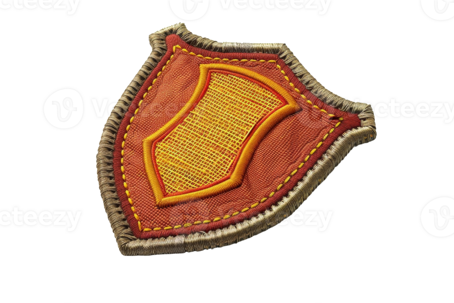 Close-up of an embroidered badge with orange and gold threads on a shield-shaped fabric. Ideal for fashion, military, and DIY projects. png