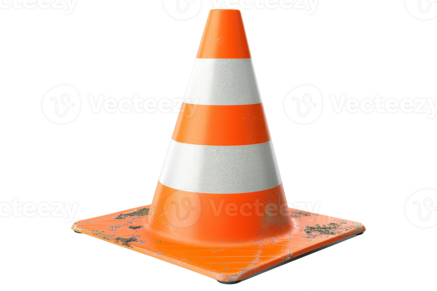 A bright orange traffic cone with white stripes, commonly used for road safety and construction site demarcation. png