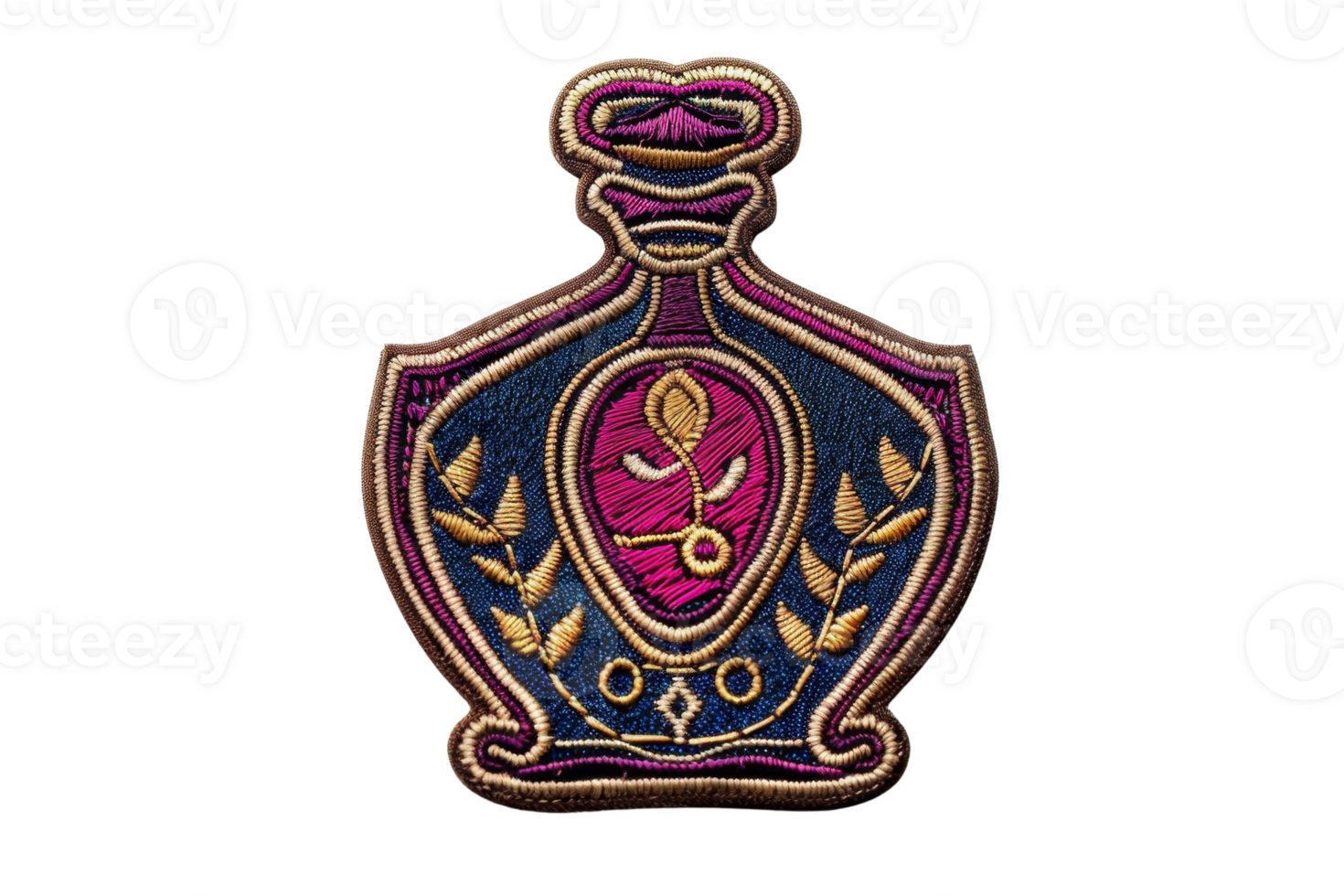 Ornate embroidered patch with gold and red detailing in the shape of a perfume bottle on a transparent background. png