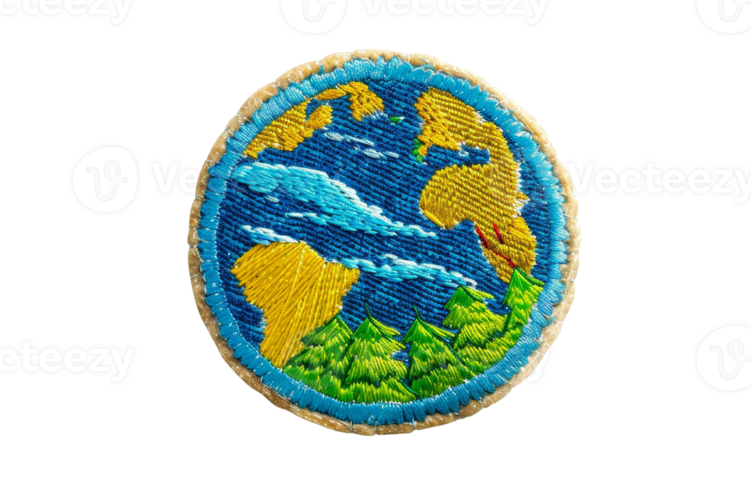 Colorful embroidered patch featuring a world design with continents and oceans, symbolizing global unity and environmental awareness png
